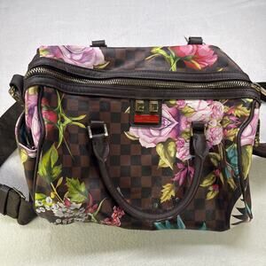Sprayground Floral Checkered Satchel Gold Hardware Adjustable Strap Blue Lining